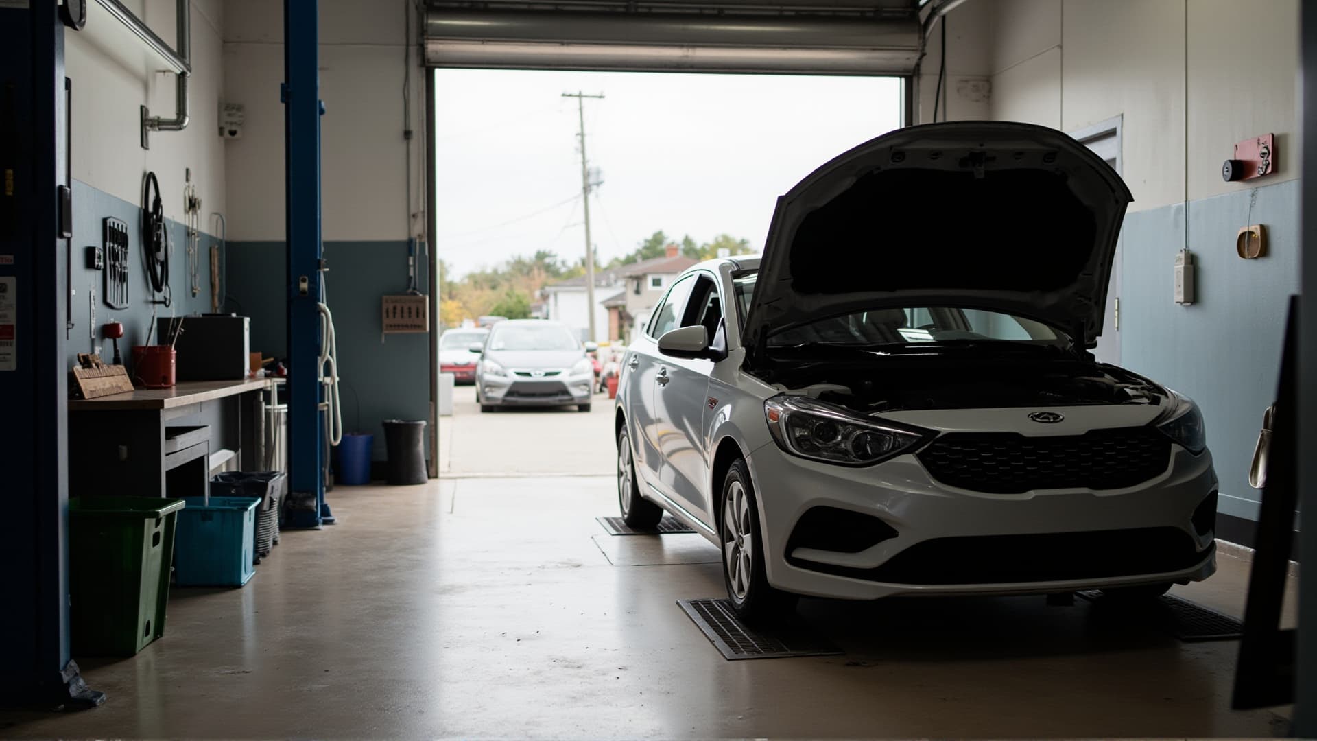 Interior del taller con un coche en mantenimiento.