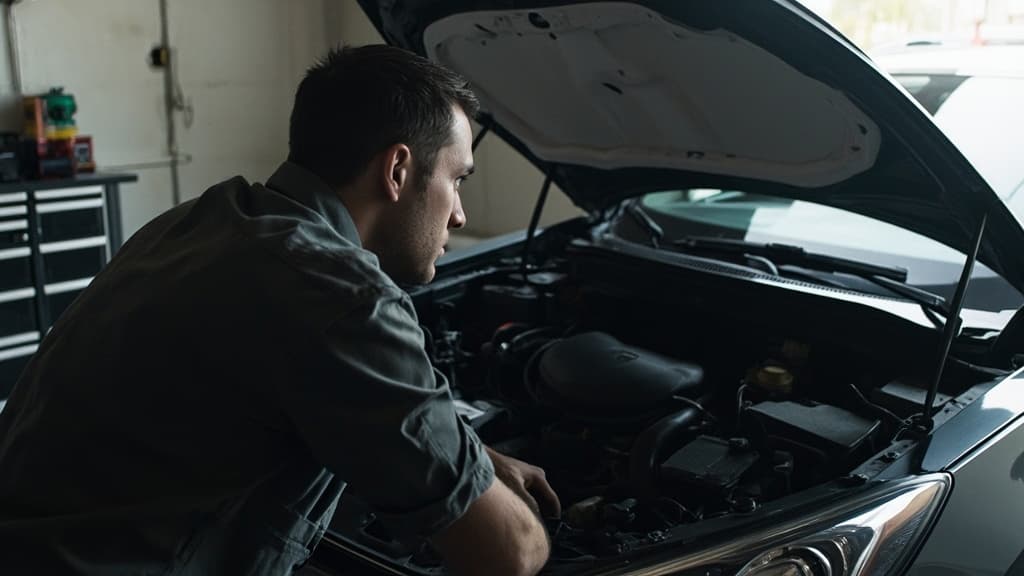 Mecanico atendiendo el motor de un coche de uso diario en el taller.